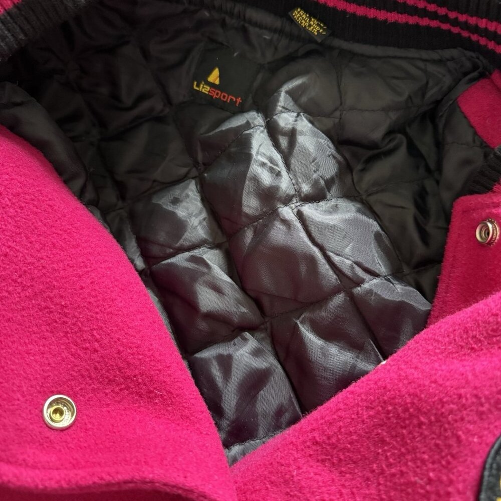 Vintage Lizsport Hot Pink Varsity Bomber Jacket Women’s Large Wool Leather Patch - Picture 8 of 11